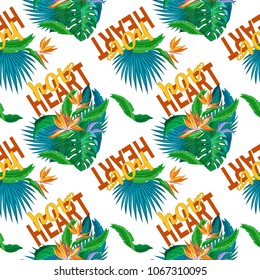 Vector seamless tropical pattern. Tropical leaves and flowers in shape of a heart. love concept for Valentines Day, Mothers Day or special romantic occasion.