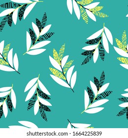 Vector de un patrón tropical sin fisuras con hojas sobre fondo verde.  Ilustración floral para textiles, impresos, papel pintado, envoltura.