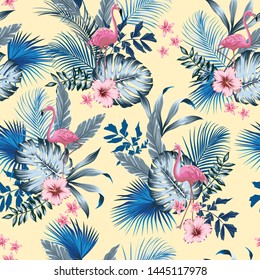 vector seamless tropical pattern with lush foliage, flowers, pink flamingos. Exotic floral design with monstera leaves, areca palm leaf, hibiscus, frangipani.