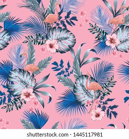 vector seamless tropical pattern with lush foliage, flowers, pink flamingos. Exotic floral design with monstera leaves, areca palm leaf, hibiscus, frangipani.
