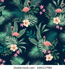 vector seamless tropical pattern with lush foliage, flowers, pink flamingos. Exotic floral design with monstera leaves, areca palm leaf, hibiscus, frangipani.