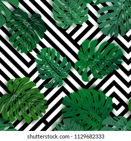 Vector seamless tropical pattern with monstera palm leaves. Exotic hawaiian textile botanical design. Floral vector backdrop on the black white geometric background.