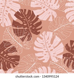 Vector Seamless Tropical Pattern, Monstera Leaves Illustration In Earthy Colours