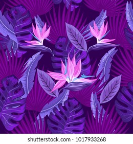 Vector seamless tropical pattern, neon tropical foliage, with leaves of monsters, palm leaves, bird's paradise flower. Trend design.