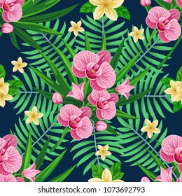 Vector seamless tropical pattern with palm leaves and flowers on dark blue background. Colourful floral illustration for textile, print, wallpapers, wrapping.
