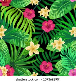 Vector seamless tropical pattern with palm leaves and flowers on dark background. Colourful floral illustration for textile, print, wallpapers, wrapping.