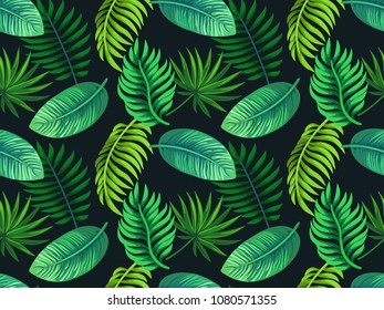 Vector seamless tropical pattern with palm leaves  on dark green background. Colourful floral illustration for textile, print, wallpapers, wrapping.