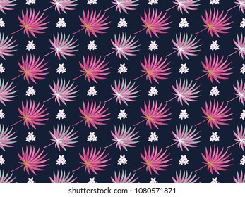 Vector seamless tropical pattern with palm leaves and flowers on dark blue background. Colourful floral illustration for textile, print, wallpapers, wrapping.