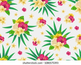 Vector seamless tropical pattern with palm leaves and flowers on white background. Colourful floral illustration for textile, print, wallpapers, wrapping.