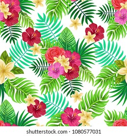 Vector seamless tropical pattern with palm leaves and flowers on white background. Colourful floral illustration for textile, print, wallpapers, wrapping.