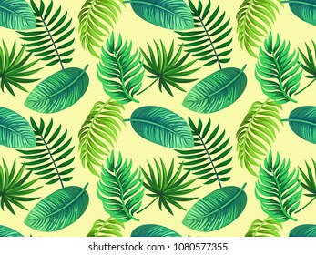 Vector seamless tropical pattern with palm leaves  on yellow background. Colourful floral illustration for textile, print, wallpapers, wrapping.