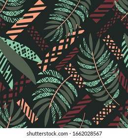 Vector seamless tropical pattern with palm leaves  on dark green background.  Floral illustration for textile, print, wallpapers, wrapping.