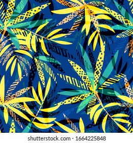 Vector seamless tropical pattern with palm leaves  on blue background. Colorful floral illustration for textile, print, wallpapers, wrapping.