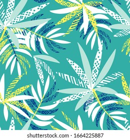 Vector seamless tropical pattern with palm leaves  on green background. Colorful floral illustration for textile, print, wallpapers, wrapping.