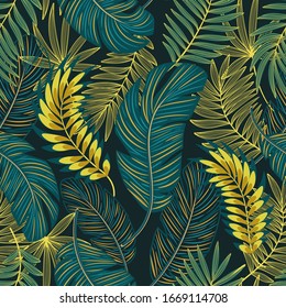 Vector seamless tropical pattern with palm leaves  on dark
 background. Vector floral illustration for textile, print, wallpapers, wrapping.