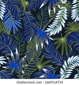 Vector seamless tropical pattern with palm leaves  on dark
 background. Vector floral illustration for textile, print, wallpapers, wrapping.