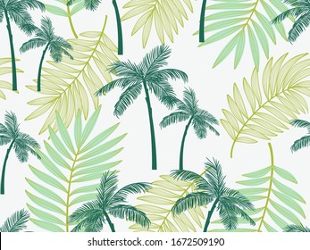 Vector seamless tropical pattern with palm tree and leaves on white background. Vector  floral illustration for textile, print, wallpapers, wrapping.