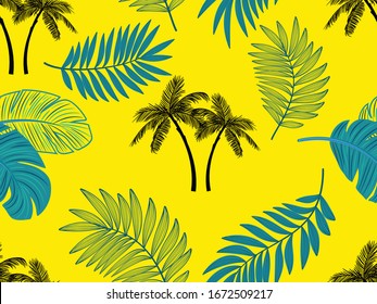 Vector seamless tropical pattern with palm tree and leaves on yellow background. Vector  floral illustration for textile, print, wallpapers, wrapping.