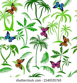 Vector seamless tropical pattern with palm and with butterflies tree on white background. Vector floral illustration for textile, print, wallpapers