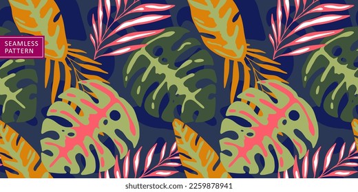 Vector seamless tropical pattern with palm leaves, monstera leaves, fern for design, backgrounds, textiles, wrapping paper