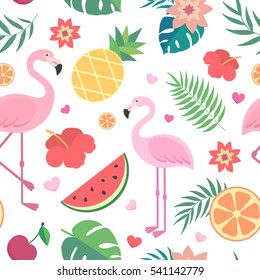 Vector seamless tropical pattern. Palm leaves, pineapple, flamingos, exotic flowers, watermelon, orange. 