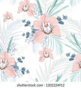 Vector seamless tropical pattern, with  paradise beige orchid flower in bloom with tropical greenery. Modern summer spring print design. White background. Tenderness wedding backdrop.