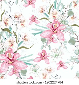 Vector seamless tropical pattern, with  paradise orchid flower in bloom. Modern summer spring print design. White background. Tenderness wedding backdrop.