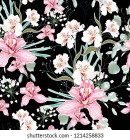 Vector seamless tropical pattern, with  paradise orchid flower in bloom. Modern summer spring print design. Dark background.