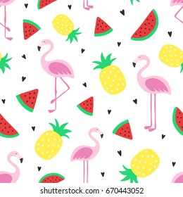 Vector seamless tropical pattern. Pineapple, flamingos, watermelon on white