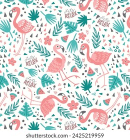 Vector seamless tropical pattern with pink flamingo, palm leaves and watermelon. Summer tropical illustration. Trendy design for summer fashion textile prints and backgrounds.