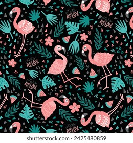 Vector seamless tropical pattern with pink flamingo, palm leaves and watermelon. Summer tropical illustration. Trendy design for summer fashion textile prints and backgrounds.