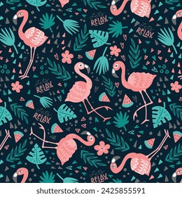Vector seamless tropical pattern with pink flamingo, palm leaves, watermelon and pineapples. Summer tropical illustration. Trendy design for summer fashion textile prints and backgrounds.