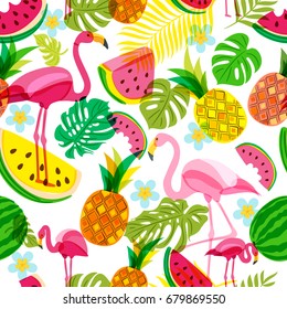 Vector seamless tropical pattern with pink flamingo, palm leaves, watermelon and pineapples. Summer tropical illustration. Trendy design for summer fashion textile prints and backgrounds.