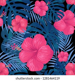 Vector seamless tropical pattern, tropic foliage, with palm monstera leaves, tropical pink hibiscus flower.