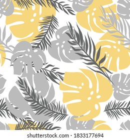 Vector seamless tropical pattern with tropic foliage, monstera leaf, palm leaves. Modern bright summer print design