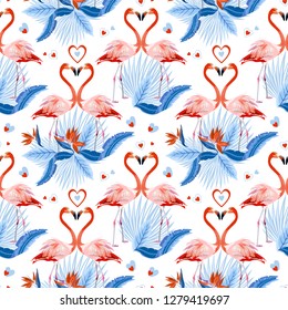 Vector seamless tropical pattern, Two flamingos in love and tropical palm leaves, plants, bird of paradise. Romantic Valentine's Day template. Pattern trend design.