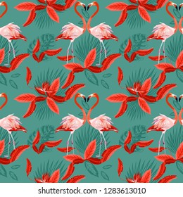 Vector seamless tropical pattern, Two flamingos in love and tropical palm leaves, plants, bird of paradise. Romantic Valentine's Day template. Pattern trend design.