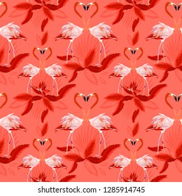 Vector seamless tropical pattern, Two flamingos in love and tropical palm leaves, plants, bird of paradise. Romantic Valentine's Day template. Pattern trend design.