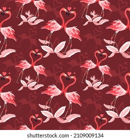 Vector seamless tropical pattern, Two flamingos in love and tropical palm leaves, plants, bird of paradise. Romantic Valentine's Day template. Pattern trend design.