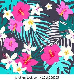 Vector seamless tropical pattern, vivid tropic foliage, with monstera leaf, palm leaves, plumeria flowers, hibiscus in bloom. Modern bright summer digital flat print design