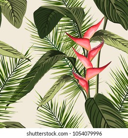 Vector seamless tropical pattern, vivid tropic foliage, with palm leaves, bird of paradise flower, heliconia in bloom. modern bright summer print design.