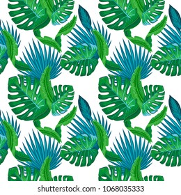 Vector seamless tropical pattern, vivid tropic foliage, with monstera leaf, palm leaves, bird of paradise flower. Pattern trend design.