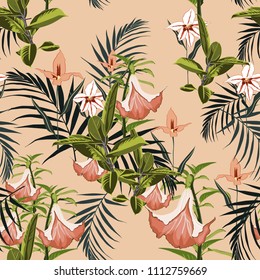 Vector seamless tropical pattern, vivid tropic foliage, with palm leaves, tropical lilies flower, orchid in bloom. Modern bright summer print design. Vintage background.