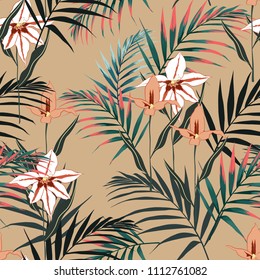 Vector seamless tropical pattern, vivid tropic foliage, with palm leaves, bird of paradise flower, orchid in bloom. Modern bright summer print design. Vintage background.