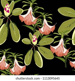 Vector seamless tropical pattern, vivid tropic foliage, with palm bright green leaves, tropical lilies flower, orchid in bloom. Modern bright summer print design. Black background. Vintage style.