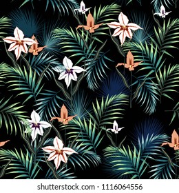 Vector seamless tropical pattern, vivid tropic foliage, with palm leaves, tropical orchid in bloom. Modern bright summer print design. Black background. Vintage style.