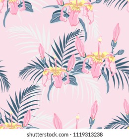 Vector seamless tropical pattern, vivid tropic foliage, with palm leaves, tropical pink flower  in bloom. Modern bright summer print design. Vintage pink background.