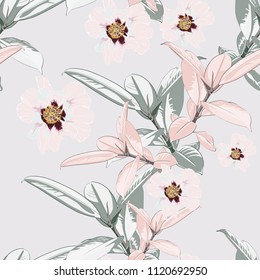 Vector seamless tropical pattern, vivid tropic foliage, with ficus palm leaves, pink peony flower  in bloom. Modern bright summer print design. Vintage light background.