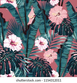 Vector seamless tropical pattern, vivid tropic foliage, with palm monstera, bananas leaves and hibiscus flowers. Modern bright summer print design.  Vintage style.