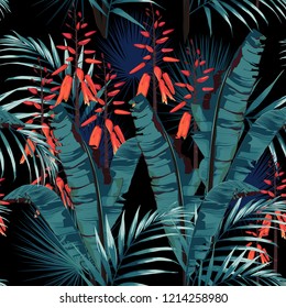 Vector seamless tropical pattern, vivid tropic foliage, with palm bananas leaves, exotic orange flower in bloom. Vintage black background.